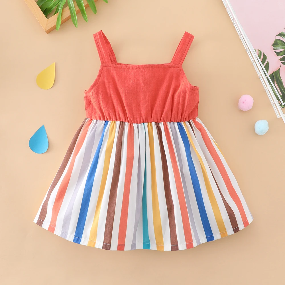 Baby Cotton Dress Orange Patchwork Striped Swing Cami Dress Toddler Kids Summer Beach Dress