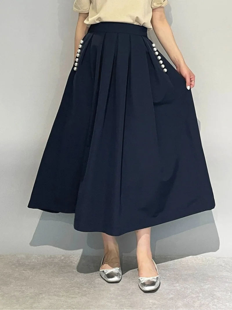 

Elegant Temperament High Waist Draped Design Skirts Womens Aesthetic Chic Pearls Patchwork Skirt Summer Spring A Line Jupe