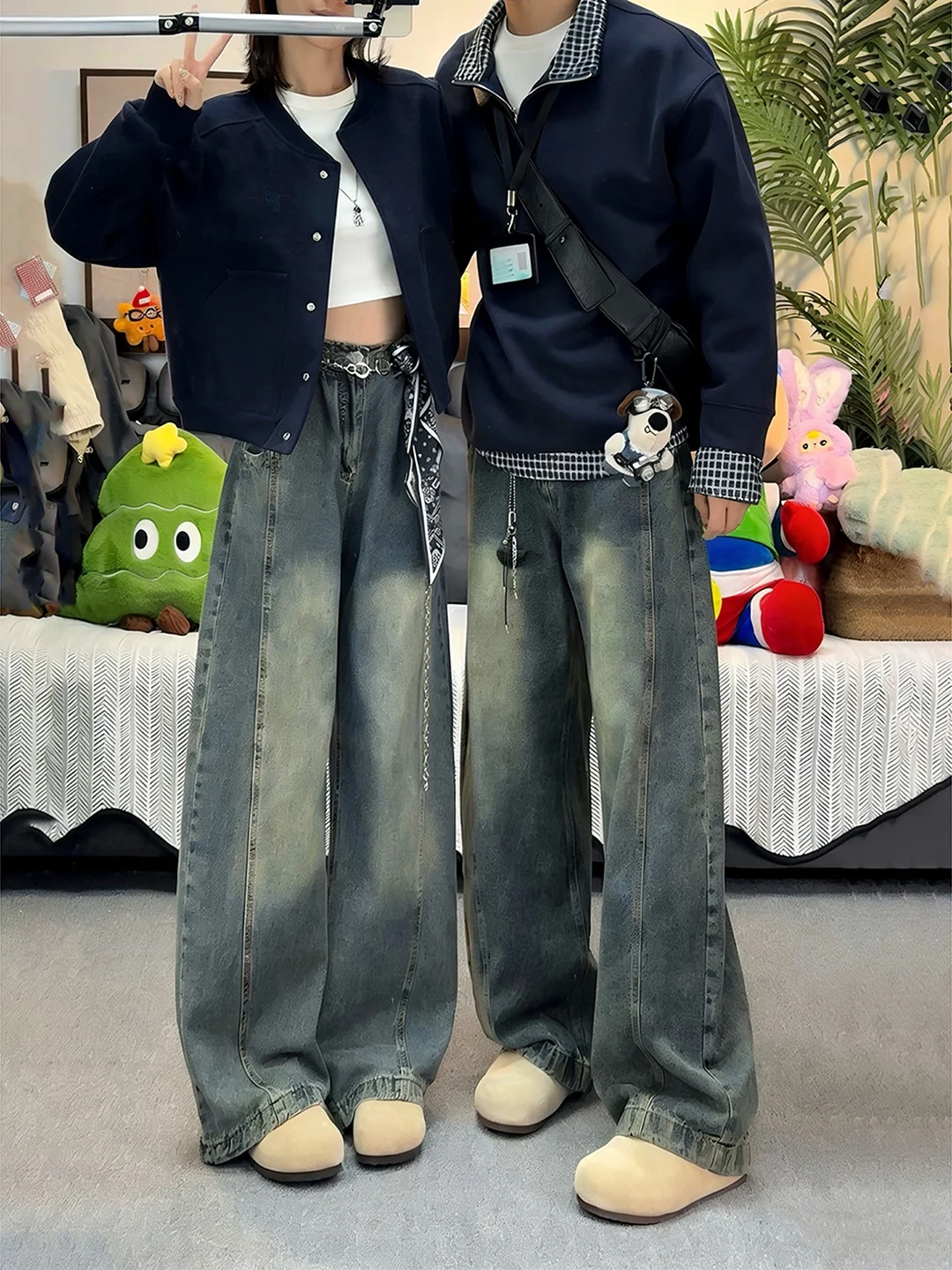 

Retro Blue Wide Leg Men's Jeans Straight Washed Fleece Knife Pants Cleanfit Flared Long Trousers Casual Wear Winter