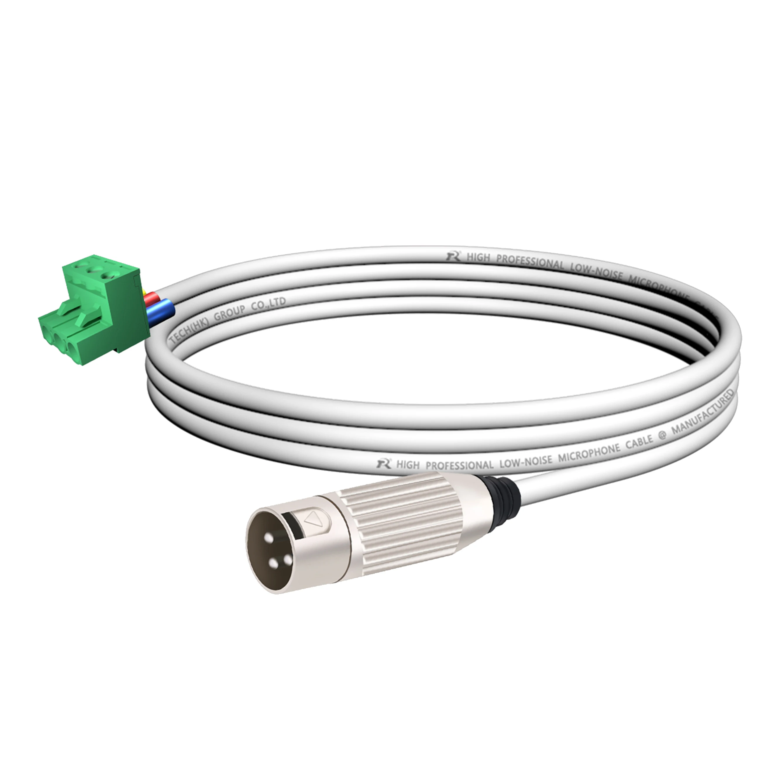 3-poliger Phoenix-Stecker, verbunden mit einem versilberten XLR 3-poligen Stecker, farbcodiertes Kabel, geeignet für professionelle Audiogeräte. – Detail 10