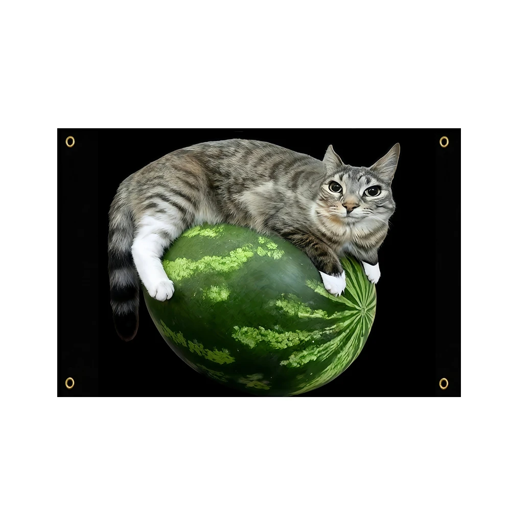 Watermelon Cat Silly Cat Meme Flag 2x3ft 3x5ft Wall Hanging Tapestry Polyester Banner for Room Dorm Bedroom Home Decor