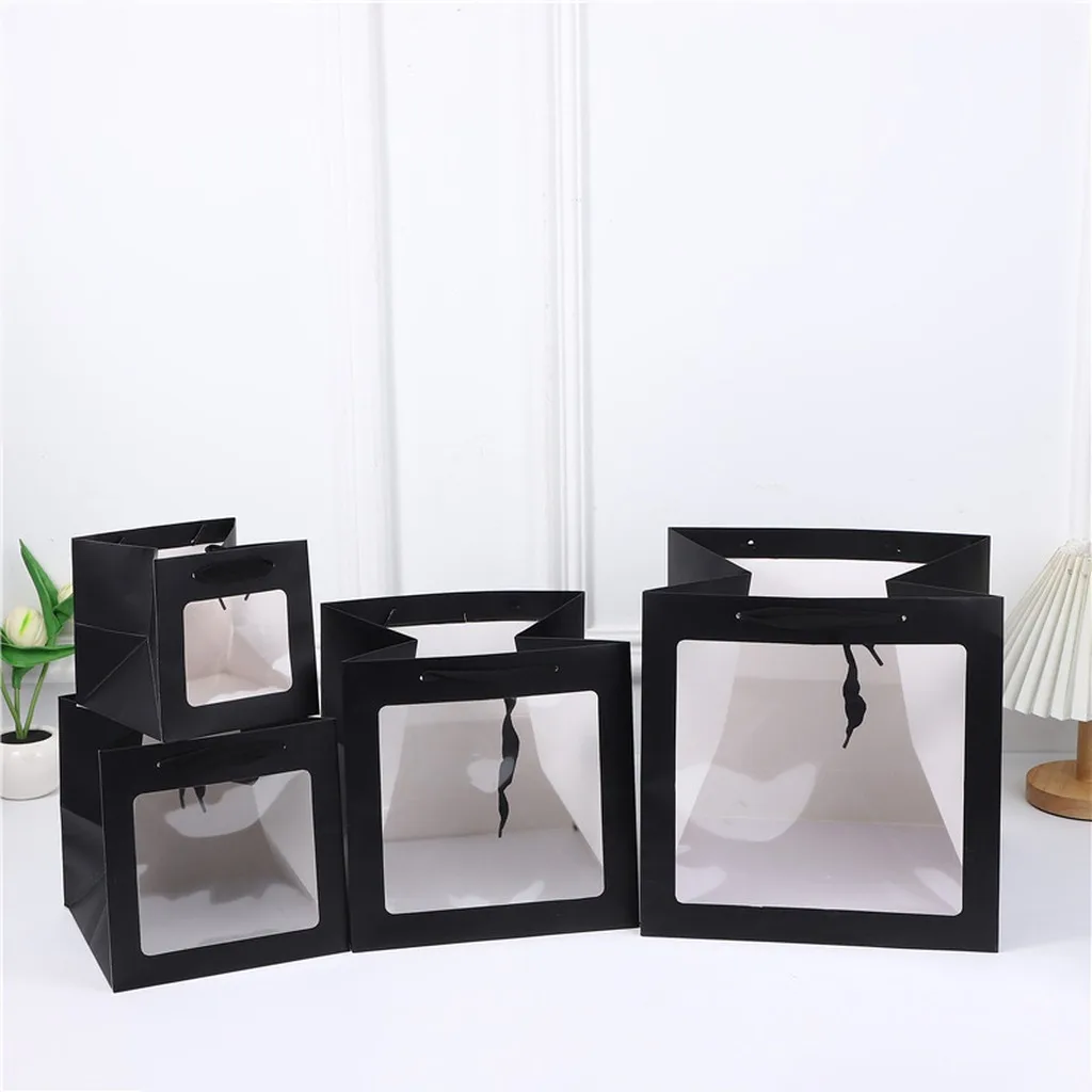 Square Clear Window Gift Bag with Handle Sturdy Thicken Paper Carry Bag for Flower Plush Toy Cake Party Gift Packaging Decors