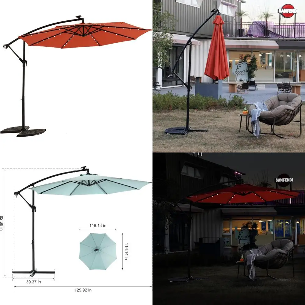 

Outdoor Patio Umbrellas 10 Feet with Base, Offset Cantilever Design, Solar-Powered Lights, Sun Protection U