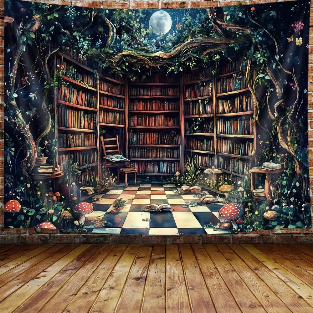 Magical Forest Tapestry, Fairytale Tree Magic Bookshelf Aesthetic Tapestries for Classroom, Witchy Fairy Tree Mysterious Vintage - view 2