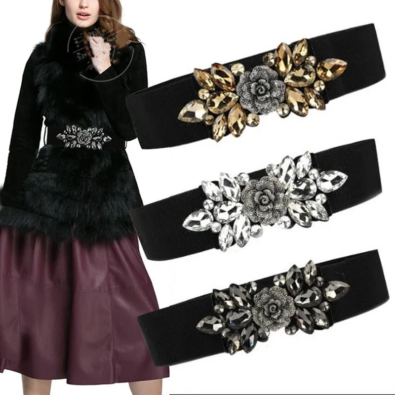 Suitable For Waist 65- 90cm Crystal Flower Elastic Belt Women Fashionable All Match Dress Decoration Wide Seal Body  Accessories