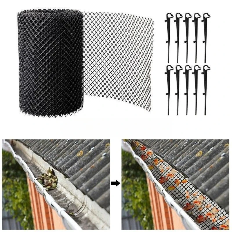 1Roll Practical Convenient Easy Install Gutter Guard Mesh Roll With Hooks Plastic Leaffilter Bird Blocker Net For Roof Gutters D