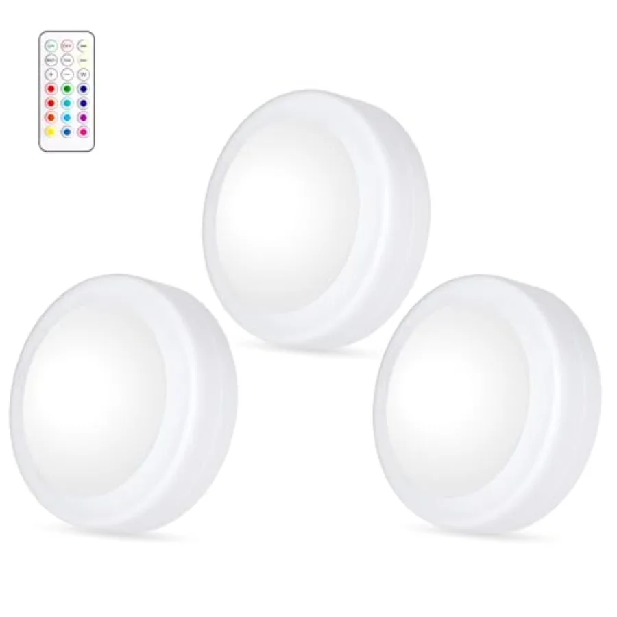 LED Puck Lights with Remote Control, AA Battery Operated, 12 Color Closet Under Cabinet Lighting, Push Tap Light, Under Counter