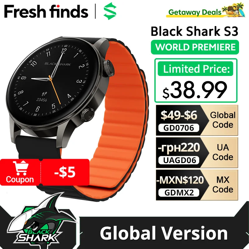[World Premiere]Black Shark S3 Smart Watch Global Version 15 Days Battery Life 1.43'' AMOLED Display 150+ Sports Mode GNSS 5ATM