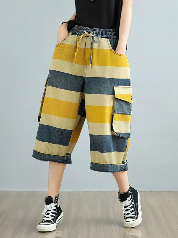 

Women's Casual Straight Leg Jeans Cargo Pants Summer New Vintage Washed Color Block Stripe Design Loose Fit Eighteen Shorts