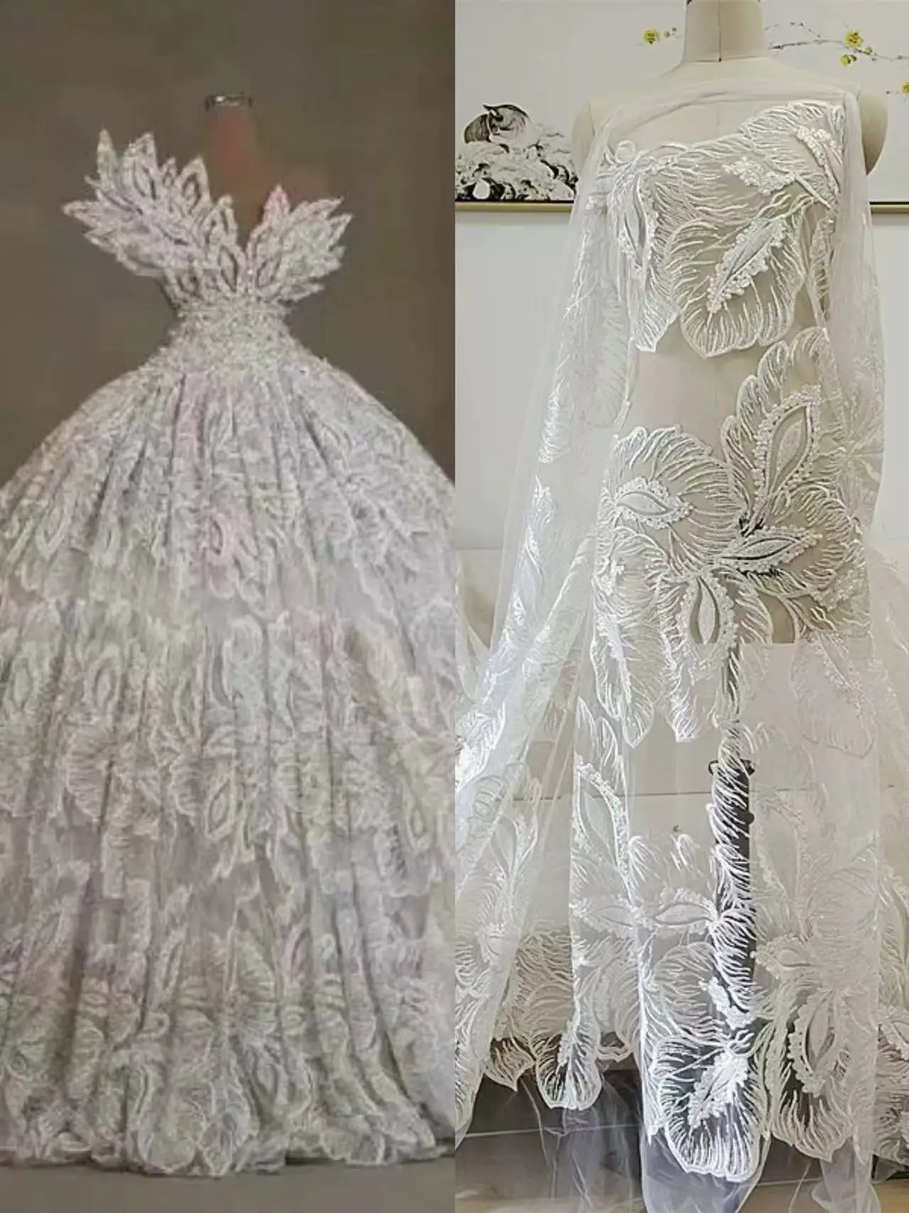 

Свадебная кружевная ткань с бусинами и пайетками 130см цвета слоновой кости - Свадебные платья, домашний текстиль