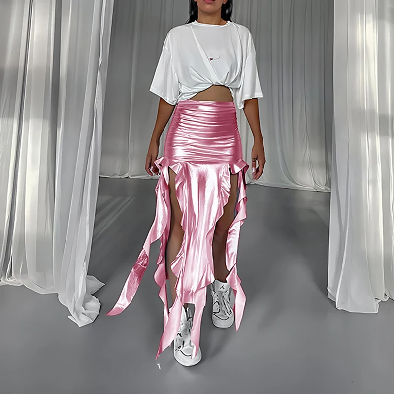 الصيف مثير بولي تنورة تنورة ملابس حريمي الشارع الشهير موضة عادية غير المتماثلة انقسام تنورة ضئيلة حفلة أنيقة عالية الخصر التنانير الإناث