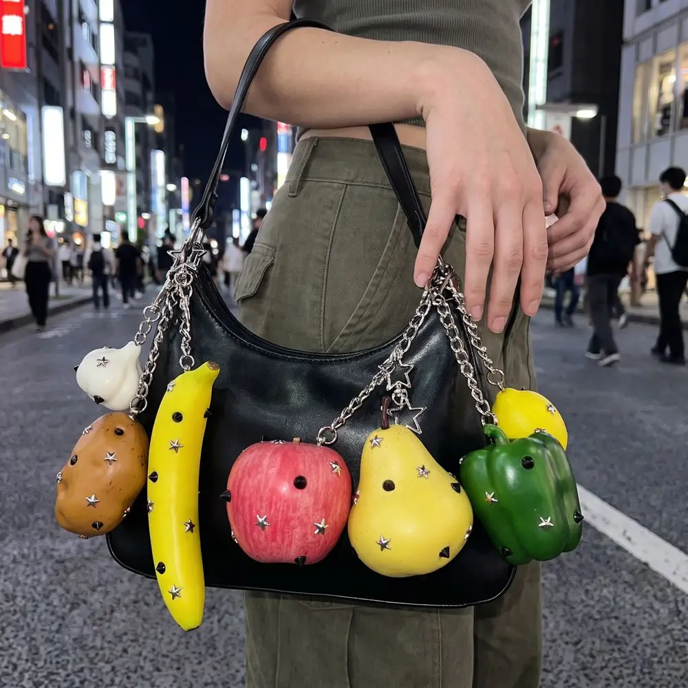 Fashion Y2K Simulation Fruit Keychain Metal Lolita Star Rivet Bag Charm Punk Pear Pu Fruits Bag Pendant Bag Hanging