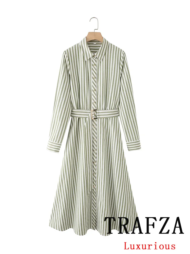 

TRAFZA Casual Chic Women Dress Green Striped Single Breasted Long Sleeve Belt Straight Vestidos Fashion 2025 Spring Summer Dress
