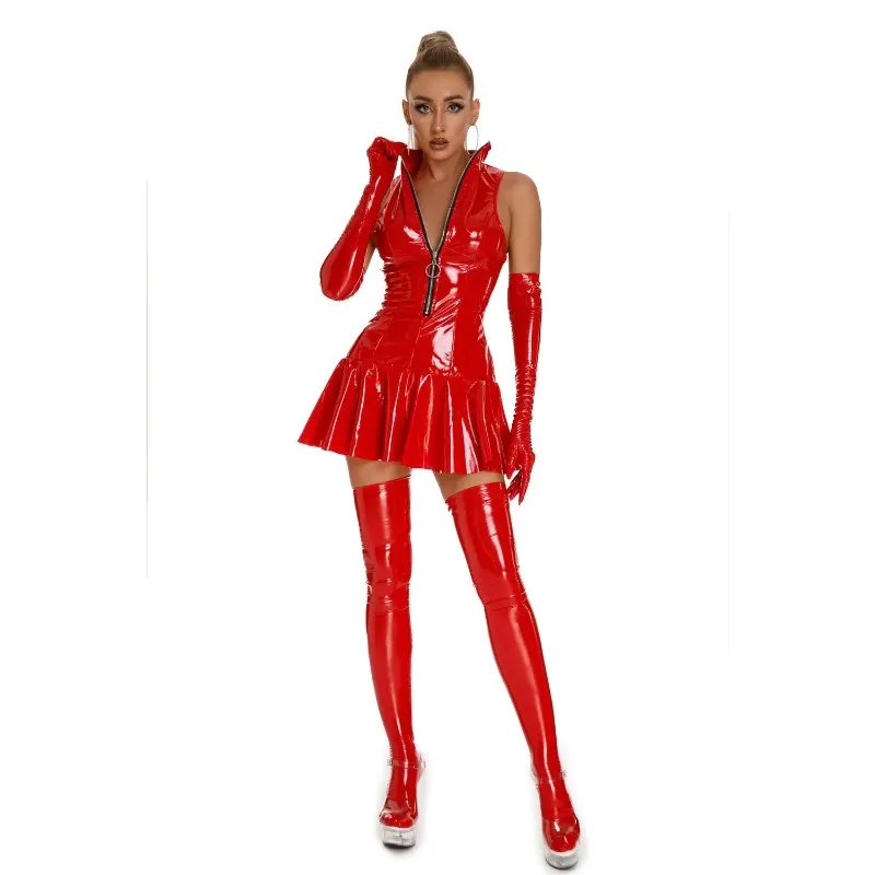 New Wetlook Leather Dress Plus Size Women Sexy Shiny PVC Latex Mini Skirt With Gloves And Stocking Pole Dance Raves Party Outfit