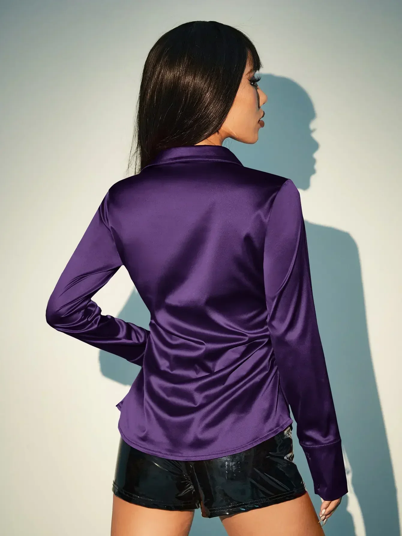 Ladies spring and fall season purple long shirt Slim temperament Polo collar irregular hem comfortable