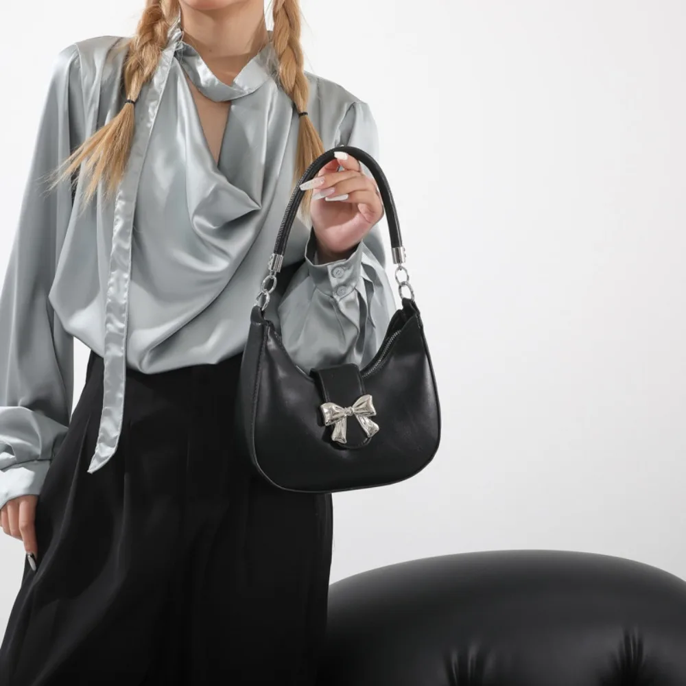 

Y2k стильная сумка через плечо с бантом из искусственной кожи с бантом, сумка через плечо с клецками, большая вместительная сумка в корейском стиле в форме полумесяца, уличная одежда