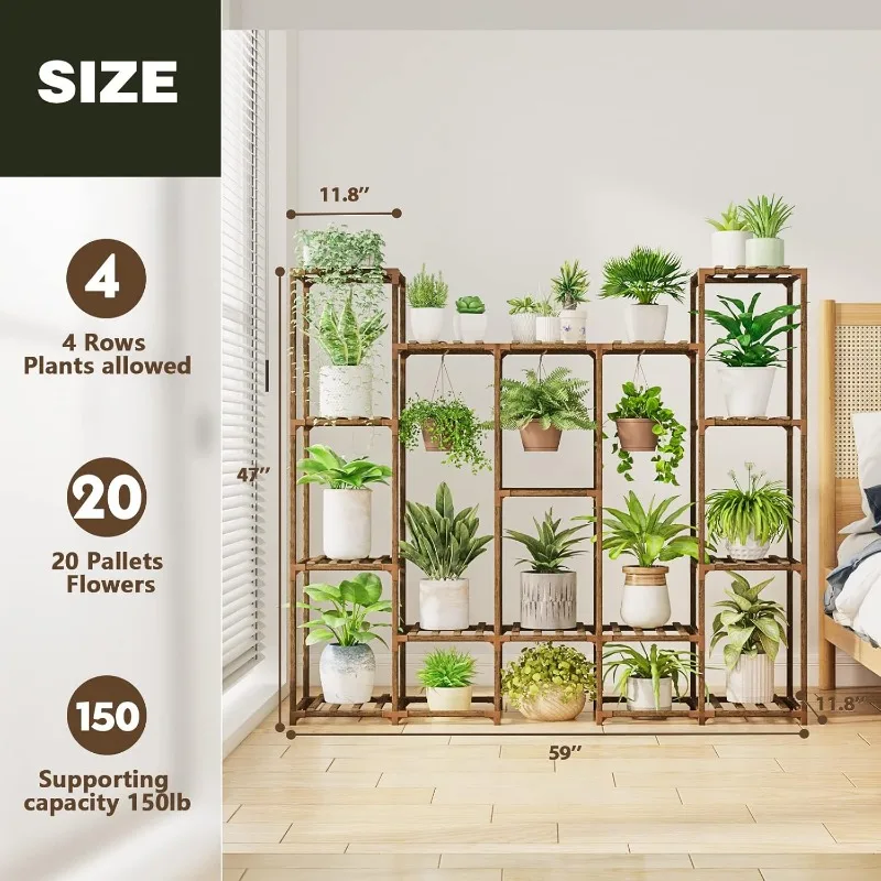 Bamworld-soporte para plantas de 62,2 pulgadas de altura, estante para múltiples plantas de interior, soporte de flores de madera, estante colgante