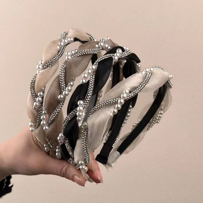 

1pc Double Pearl Rhinestone Headband Elegant Lace Braided Hair Hoop with Crystal Bezel Women and Girls Stylish Hair Accessories