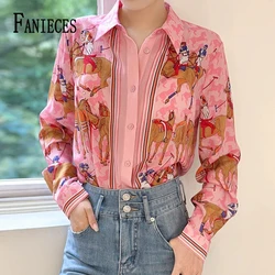 FANIECES 셔츠 camisas de mujer рубашка blusa elegante feminina Baroque Blouse Long-Sleeve Pink Print Blouses Women Shirt Tops