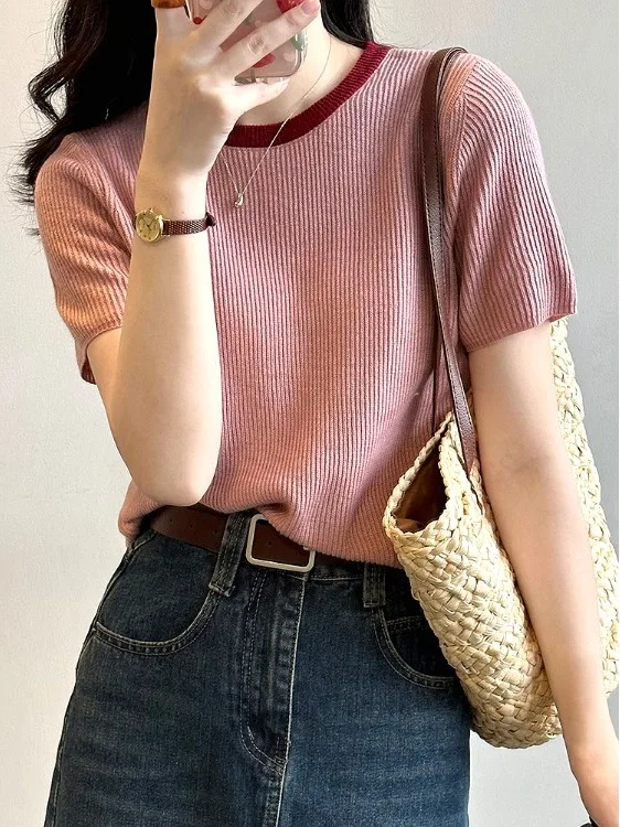 

Pink Knitted Short Sleeve T-Shirt Women's Shoulder Length Commute Fashion 2026 New round Neck Knitted Top Spring Summer