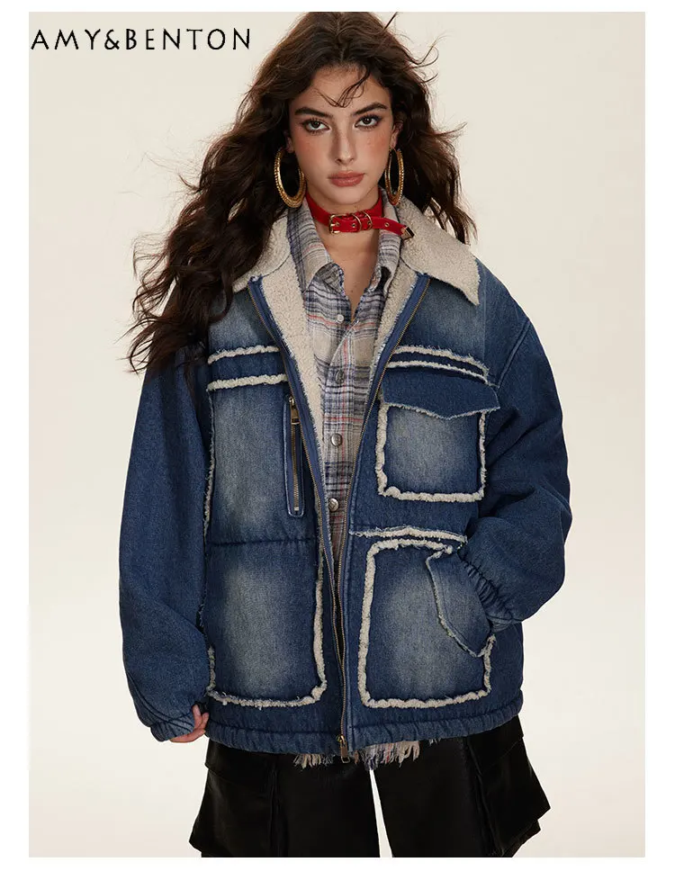 

Winter New College Style Loose Casual Fleece-Lined Thickened Denim Cotton Jacket American Retro Women's Blue Lamb Wool Coat