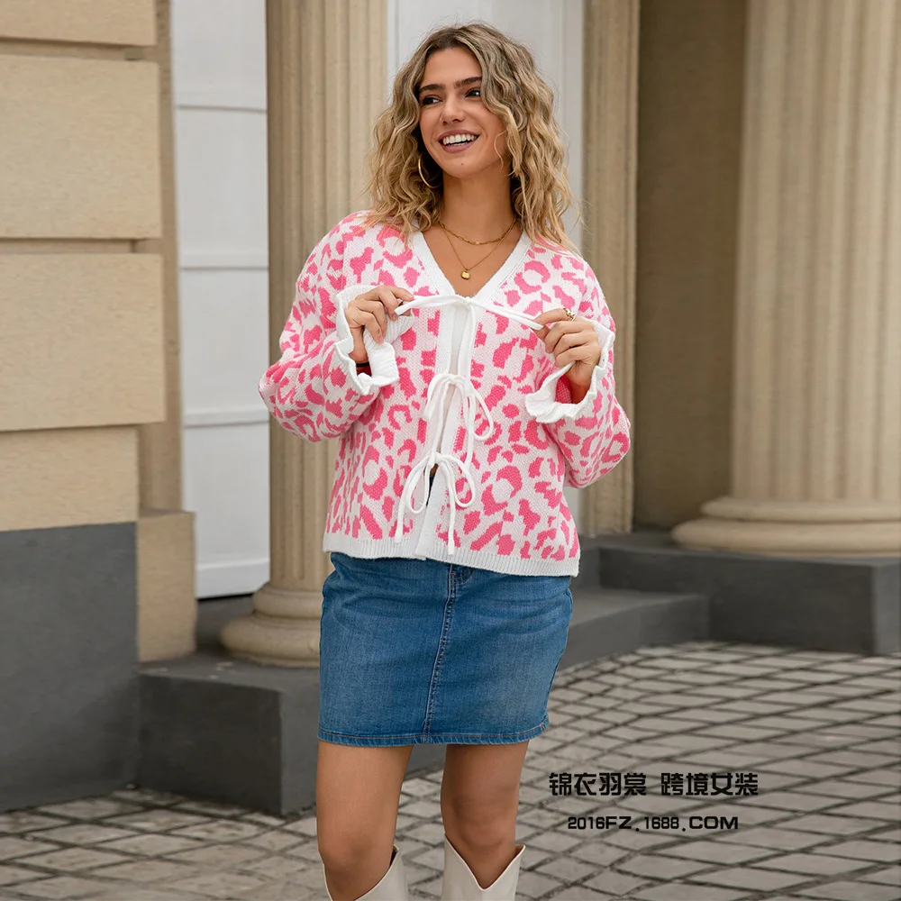 Cardigan Women Sweaters Leopard Print V Neck Full Sleeve Jumpers Y2k Streetwear Elegant Splice Knit Short Coats Autumn Winter