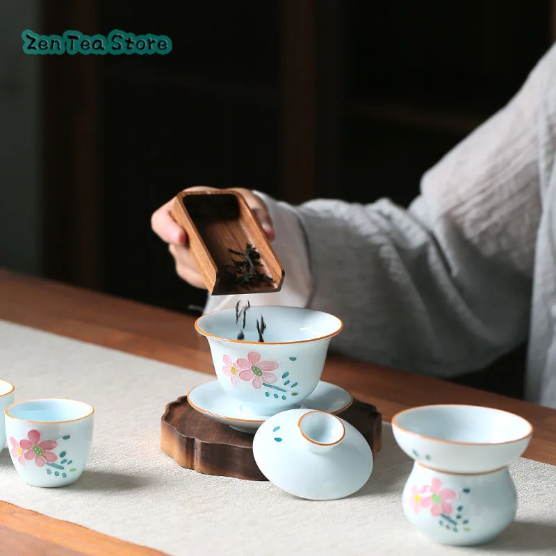 Pure Hand-painted Peach Blossom Three Cover Bowl Ceramic Underglaze Color Small Fresh Tea Bowl Home Kung Fu Tea Set