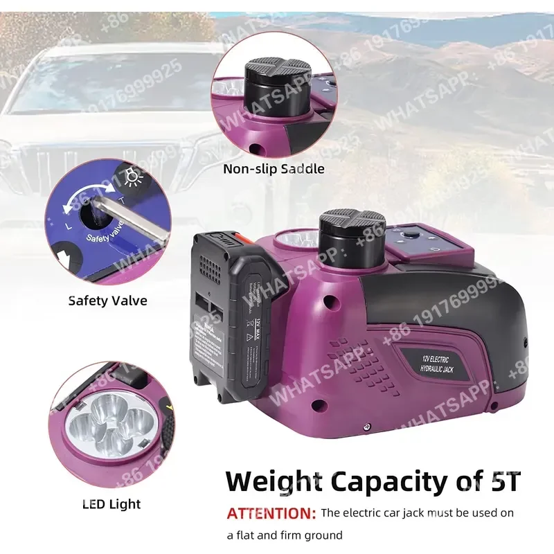 Electric Hydraulic Car Jack 5 Ton DC-12V 4.0AH Battery LED Light 150-450mm Lifting Range Aluminum Alloy for Car SUV Tire