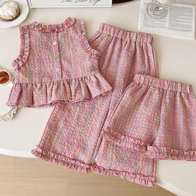 Children\'s Clothing Sets Plaid Print Sleeveless Top + Wide Leg Pants + Shorts 3 Pcs Sets Girls Clothes 2 To 8 Years Outfit Sets