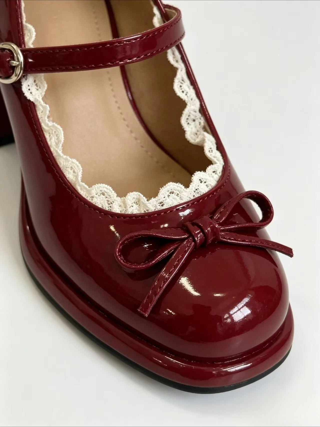 Leather Mary Jane Pumps Sweet Bow Lace Trim Block Heels Platform Round Toe Buckle Strap Party Dress Ladies Shoes