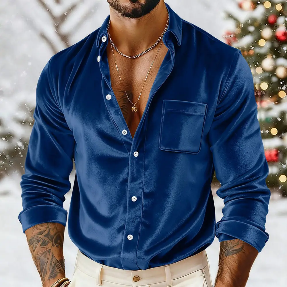 Golden Velvet Mens Shirt Loose Fit Long Sleeve Button Up Soft Breathable Formal Casual Party Elegant Dress Wear