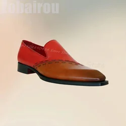 Red Brown Sewing Design Square Toe Men Dress Shoes Fashion Slip On Men Shoes Luxurious Handmade Party Office Banquet Men Shoes