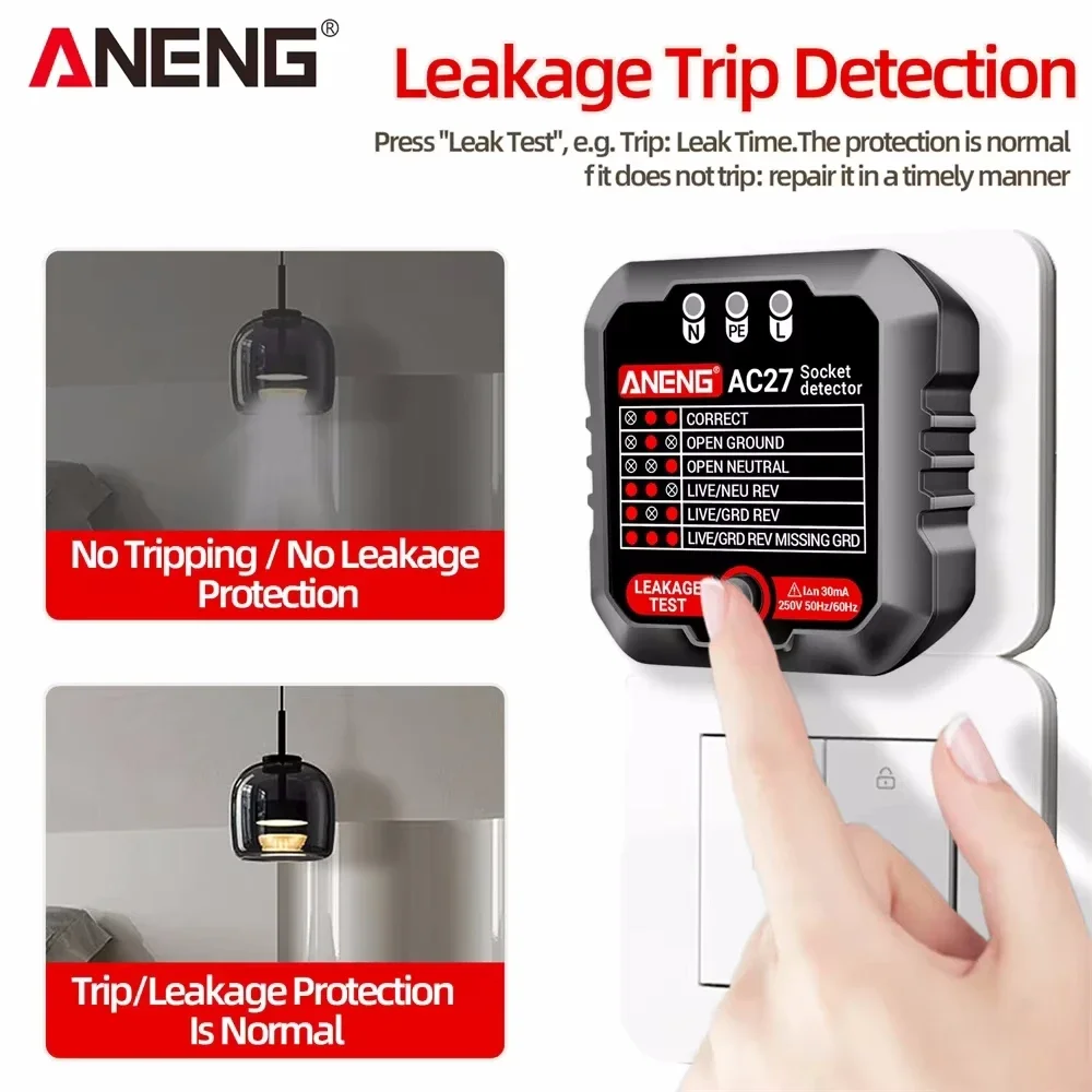 Imagem -03 - Smart Socket Tester Medidor de Eletroscópio Disjuntor Descobridores Detector de Tensão ue Eua Plug Polaridade Verificação de Fase Teste Aneng-ac27