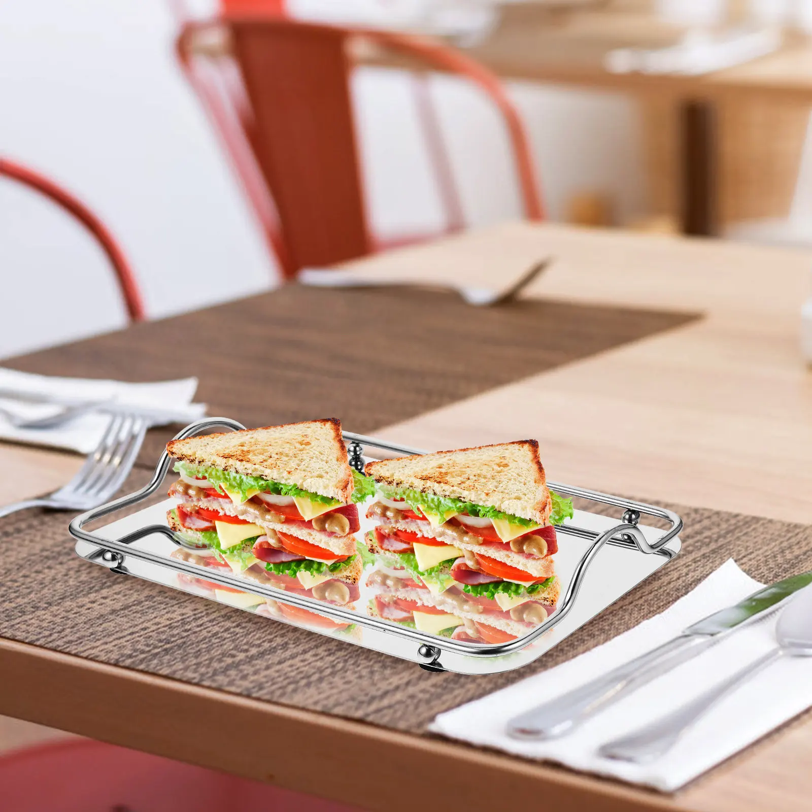 

Rectangular Tray Stainless Steel Serving Tray with Handles for Food Snacks Drink Serving Home Restaurant Trays for Eating