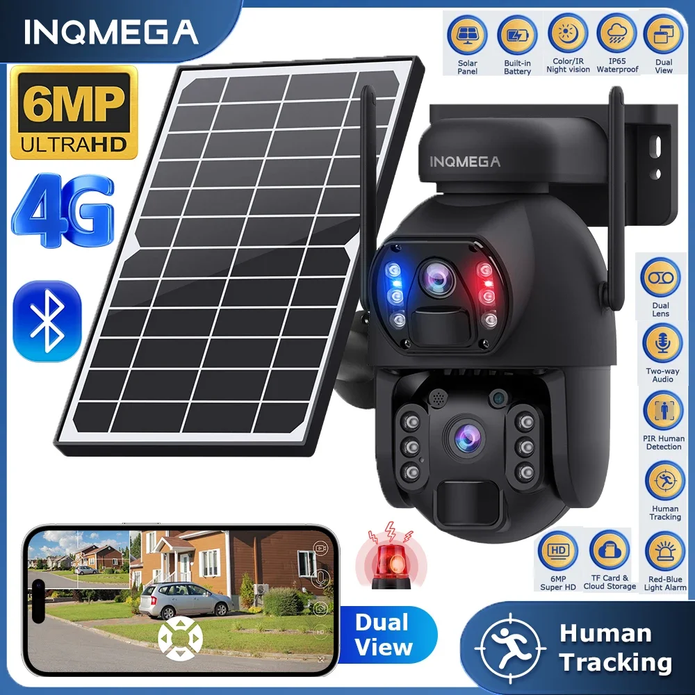 INQMEGA 6MP 4G Solar Camera Dual PIR Human Detection Auto Tracking Dual Lens Solar Cell PTZ Camera WIFI CCTV Surveillance Camera