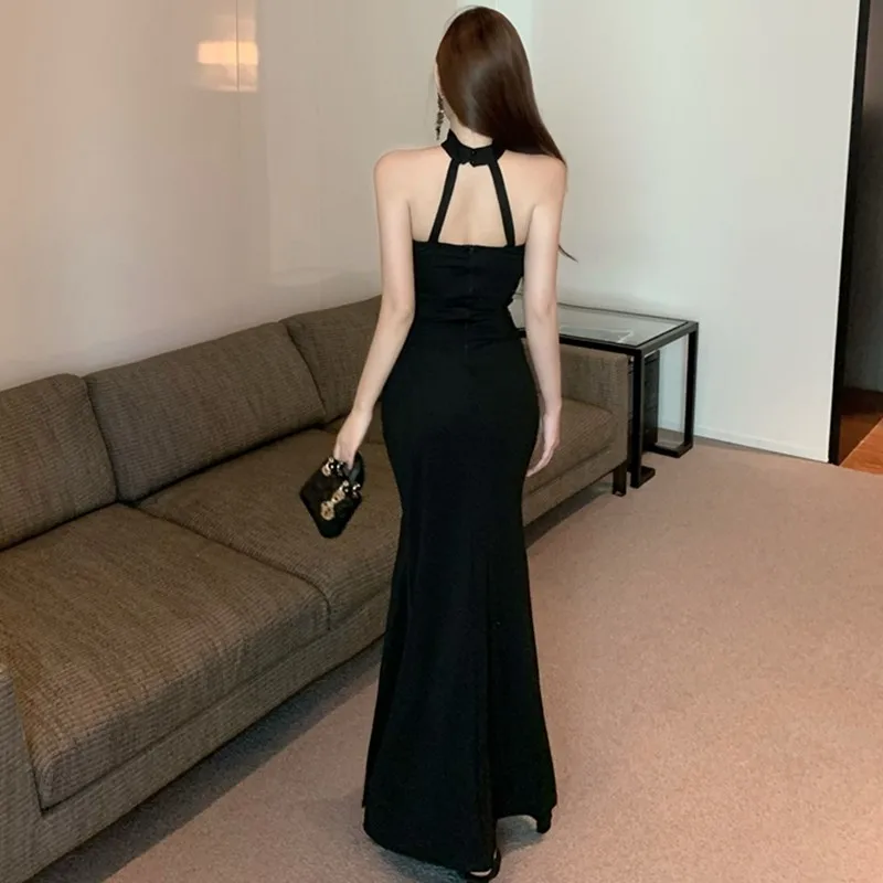 프랑스 사교계 시크 블랙 스트랩리스 홀터넥 이브닝 드레스 여성 우아한 레이스 섹시 백리스 바디콘 슬릿 정장 드레스 신상