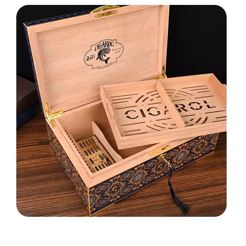 Luxury Cedar Wood Cigar Humidor Box, Sealed Double-Layer Large Capacity Storage Case, Holds Over 80 Cigars with Humidifier view 6
