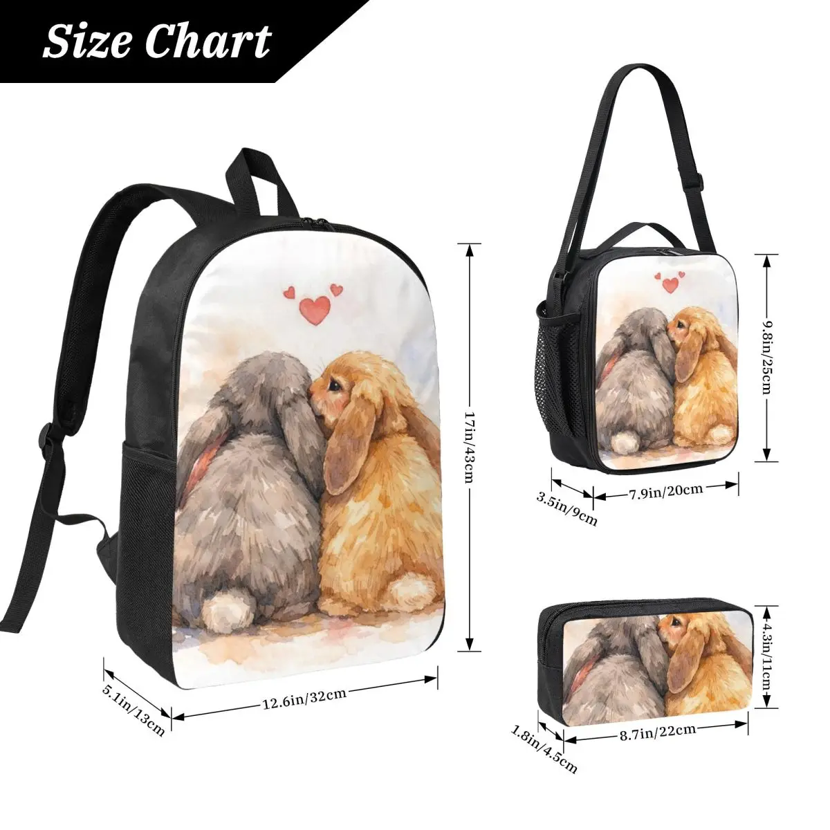 Two Whimsy Rabbit Backpack Student BookBag School Bag Laptop Shoulder Bags 3ps Insulated Lunch Bag Pencil Case