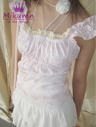 Y2k Sweet Floral Print Crop Tops Women Lace Square Collar Sleeveless Tank Top Chic Retro Cute Summer Slim Vests 90s Fairycore