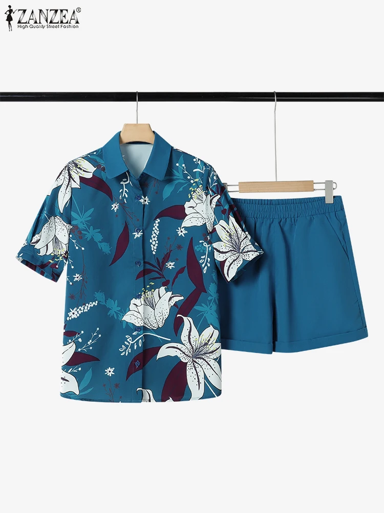 ZANZEA Elastic Waist Shorts Woman 2 Pieces Outfits Vacation Beach Casual Floral Print Short Sleeve Shirts 2025 Summer Short Sets