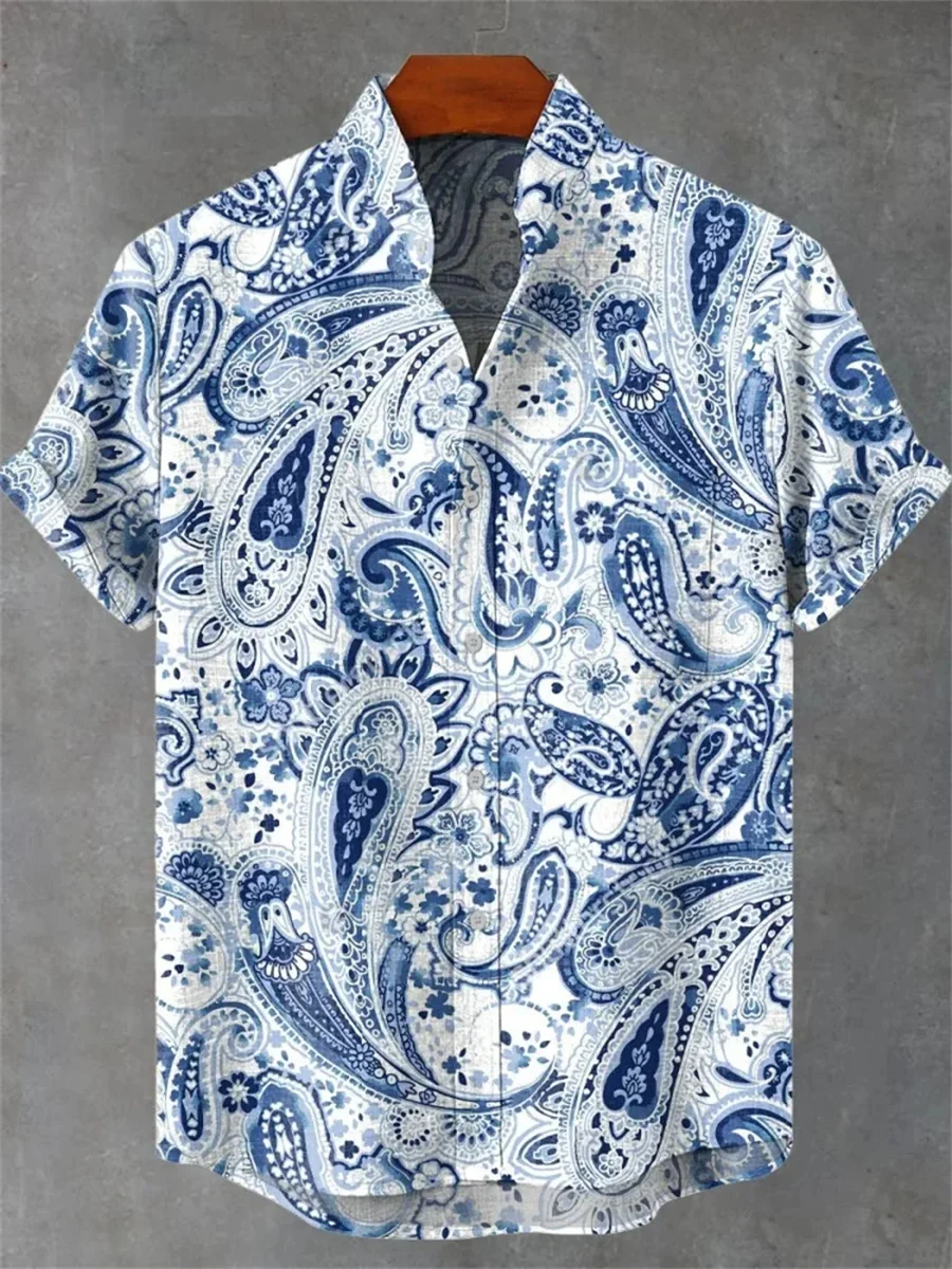 2025 Hawaii 3D Printed Men's Casual Fashion Short Sleeve Shirt Collared Linen Button Top, Comfortable and Breathable New Trend