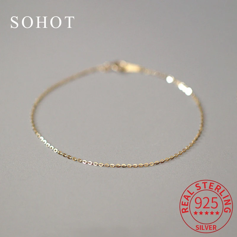 

Real 925 Sterling Silver 18K Gold Chain Minimalist Trendy Bracelet For Charm Women Classic Fine Jewelry Geometric Accessories