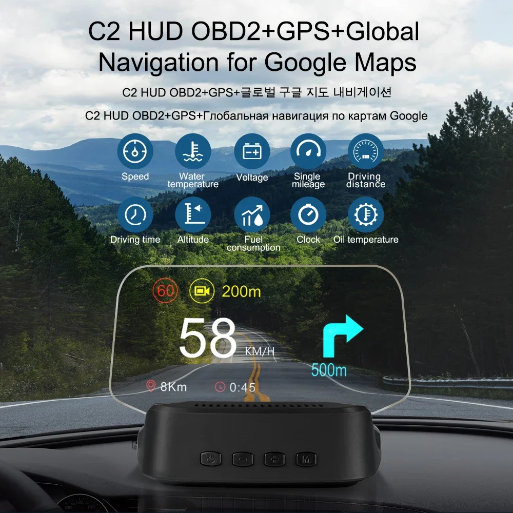 2026 Car TFT LCD Head up Display HUD C2 Navigation Mirror Auto Electronics Multi-function Auto Speedometer OBD2 GPS HUD