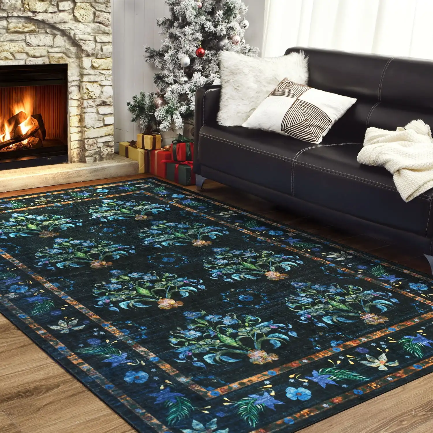 

New Vintage Print Floral Rugs Soft Accent Area Rug Large Size Rugs Low-Pile Carpet for Living Room Bedroom Home Decor