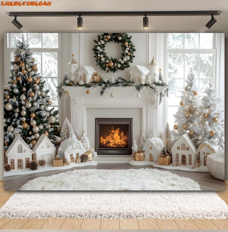 Décors de photographie de cheminée de Noël, arbre de Noël, père Noël, cadeau de fenêtre, décor de fond de portrait de famille de bébé, studio photo