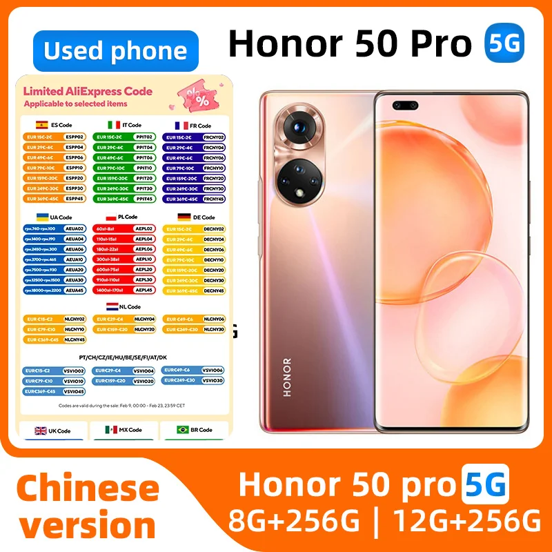 

Honor 50 Pro 5G Android 6,72 дюйма 120 Гц Процессор Snapdragon 778G OLED-экран 108MP Камера 4000 мАч Аккумулятор Хорошее состояние Б/у Телефон