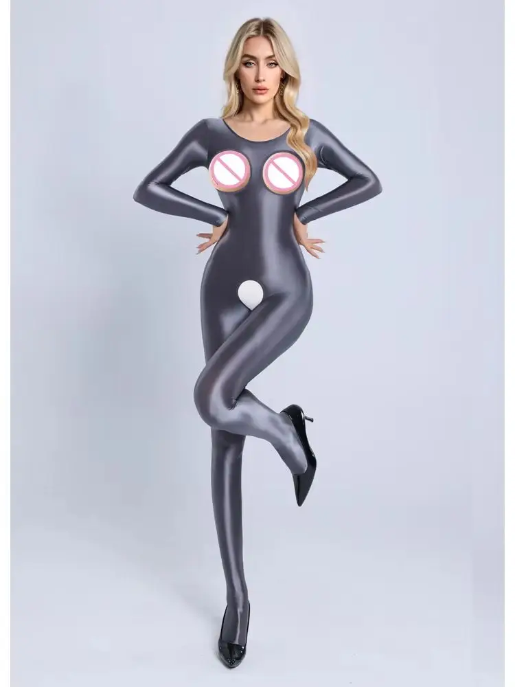 M XL Hollow Out Crotchless Nylon Catsuit Bodystocking Shiny Elastic Bodysuit Tights Leotard Conjoined Jumpsuit Unitard Lingerie - view 5