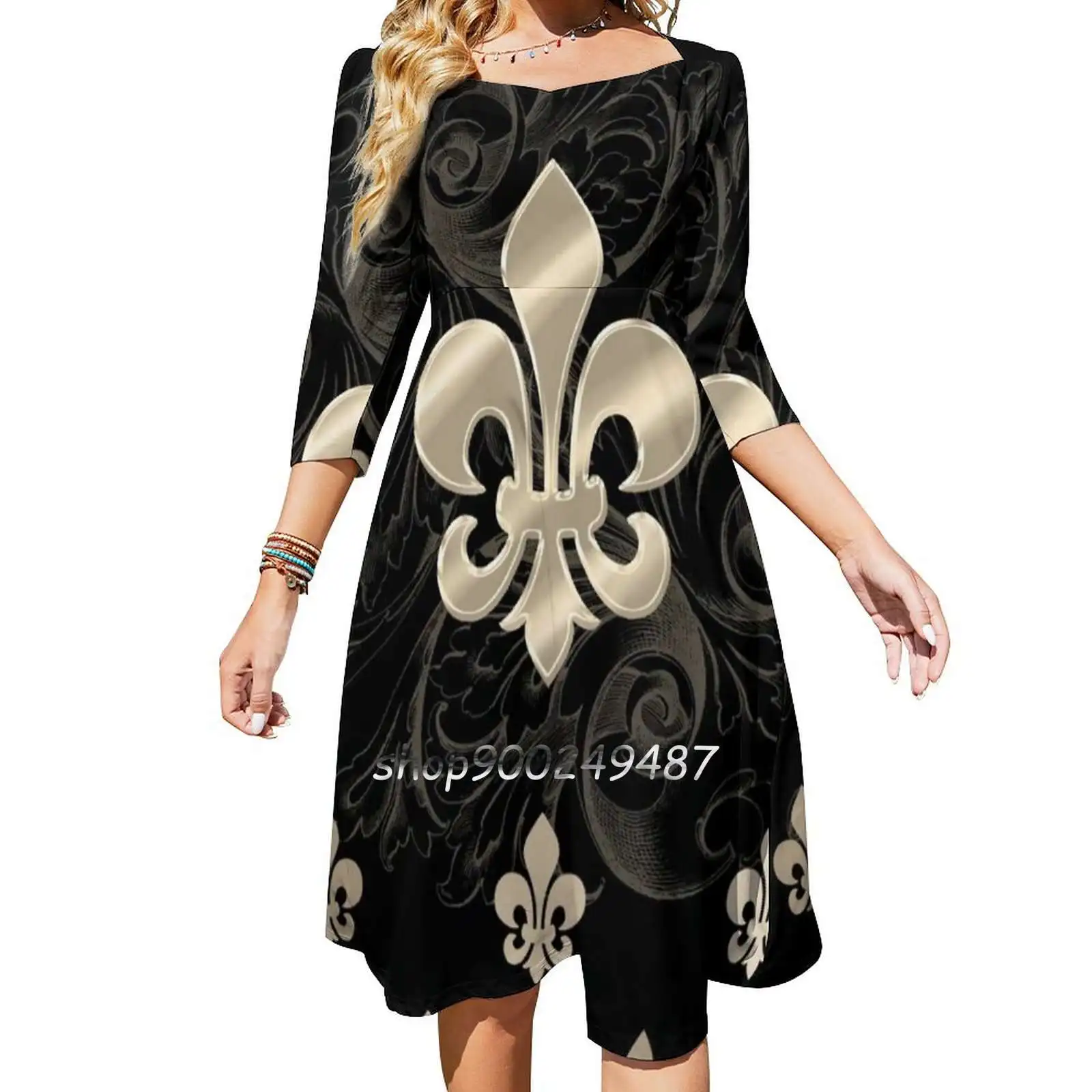 Fleur De Lys-Black & Gold Flare Dress Short and Long Sleeve Dresses Fashion Printed Dress Fleur De Lys New Orleans