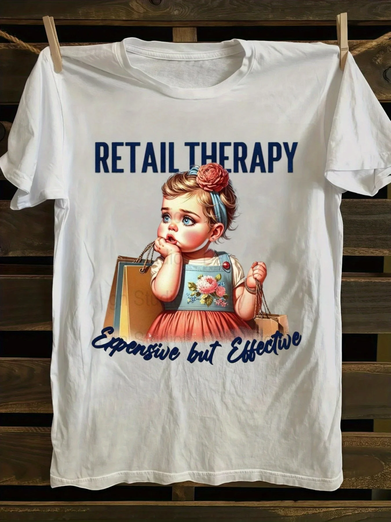 T-Shirt White Short Sleeve Cute Graphic Tee with Retail Therapy Expensive But Effective Text Casual Top for Teens, For Teenager