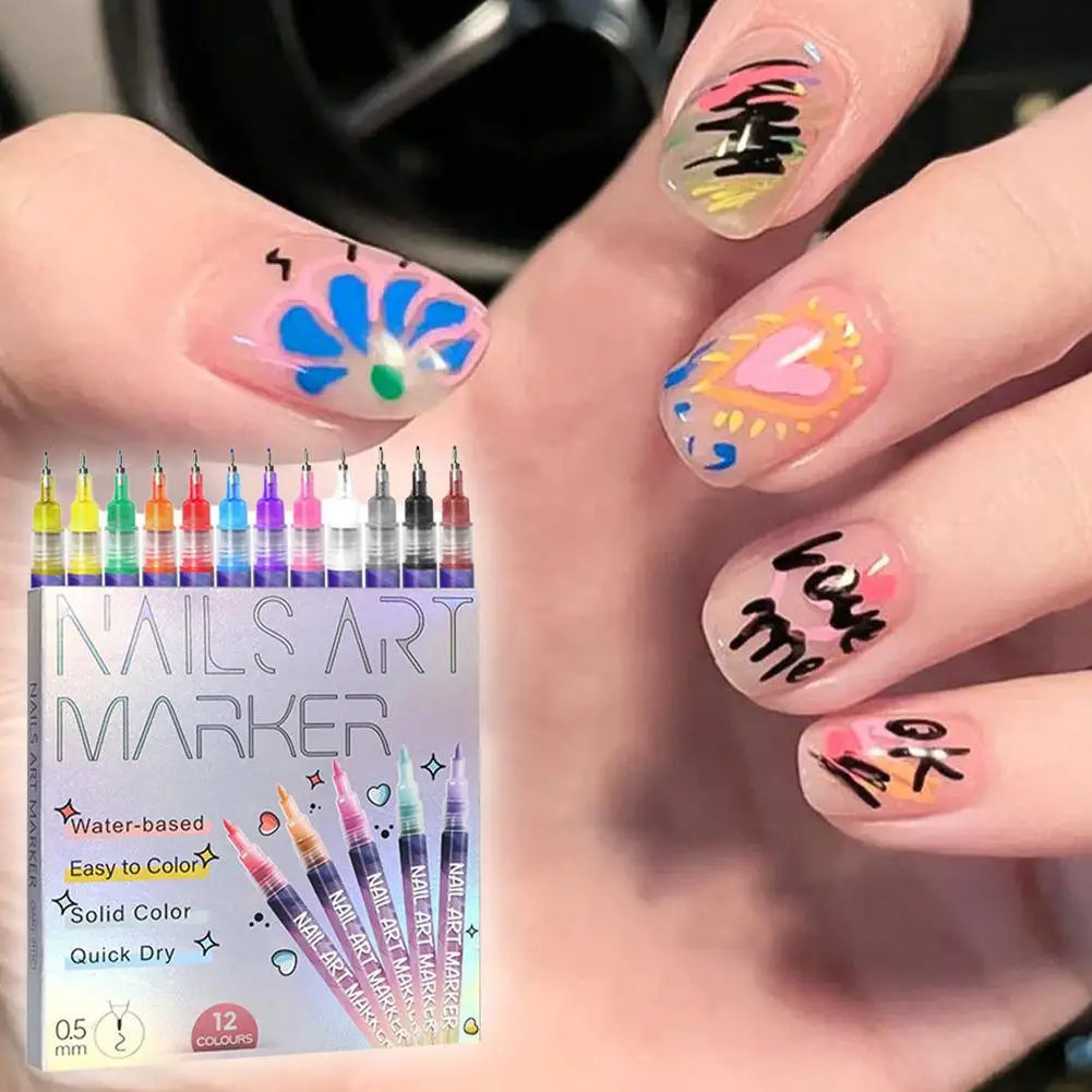 12 pz Nail Art Disegno Graffiti Penna Gel Matita 0.5mm Pittura Impermeabile Liner Pennello Pennarello per unghie ad asciugatura rapida Nail Art Graffiti Pen